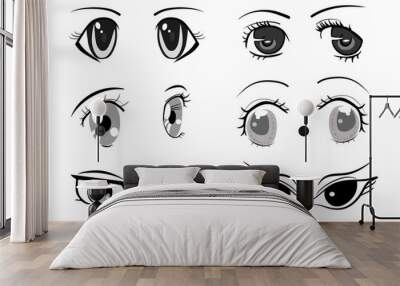 cute cartoon eyes Collection of cartoon eyes with a variety of emotions Japanese faces of male and female characters. Cartoon eyes. For shirt screen work. Vector illustration on a white background. Wall mural