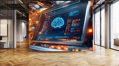 A sci-fi themed digital screen with an AI interface and a blue brain icon is displayed, set against a server room filled with glowing data cables and coding visuals. Wall mural