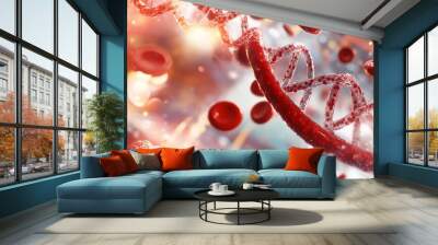 Abstract visual of red blood cells and DNA strands inside an artery, blending concepts of microbiology and genetic analysis Wall mural