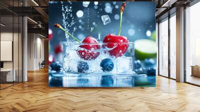 Dynamic Splash of Cherries and Blueberries in Water Wall mural