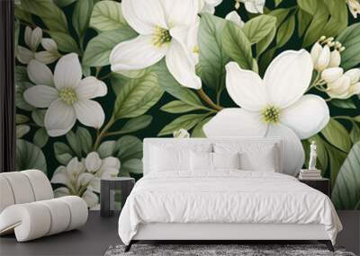 Elegant white flowers and lush green foliage arranged in a watercolor style, creating a continuous and timeless pattern perfect for vintage-inspired designs Wall mural