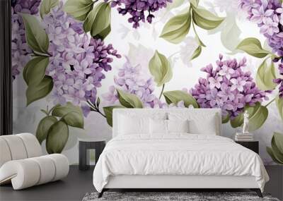 Vintage luxury seamless pattern with watercolor lilac flowers and green leaves, highlighting the elegance of purple blooms Wall mural