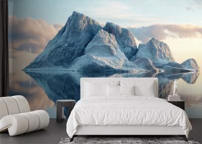 3D rendering of a surreal landscape featuring a large rock formation reflected on the water s surface Wall mural