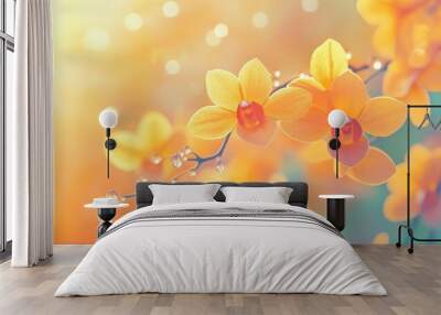 Abstract blurred background of yellow-orange orchids, Dendrobium, adorned with water droplets, featuring soft colors and a gentle blur effect in a macro style Wall mural