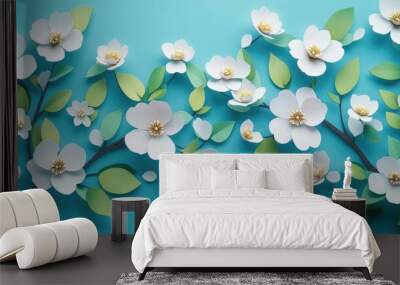 Blooming pear branches in spring showcasing abundant white flowers and fresh leaves against a clear blue sky Wall mural