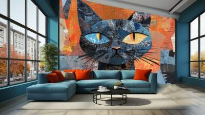 Collage of fabric fragments Trendy home decor featuring a stylish cat Wall mural