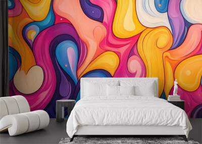 Colorful abstract surreal background featuring a warm pattern with vibrant hues Incorporates swirls wave designs and cartoon like lines with a glowing effect Wall mural