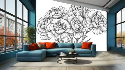 Coloring book illustration of a bouquet of carnations Wall mural