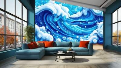 Drawing of water meeting the shore with sea foam on the beach, Coastal scene of waves meeting the sandy beach with sea foam Wall mural