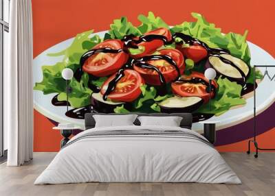 Eggplant tomato and green salad drizzled with soy sauce Wall mural