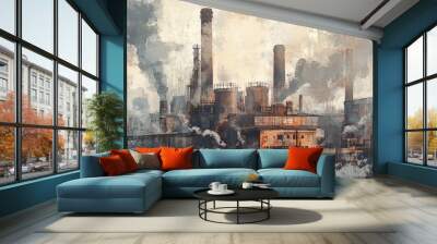 Industrial scene featuring smokestacks Mixed media Wall mural