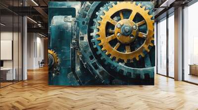 Mechanical gear system in a mixed media style Wall mural