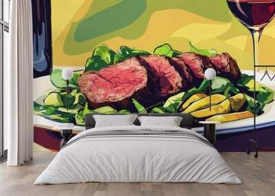 Medium rare roast beef salad with mixed greens and wine pairing Wall mural