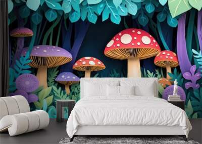 Mushrooms in a dense forest setting, Mushrooms in a lush woodland environment Wall mural