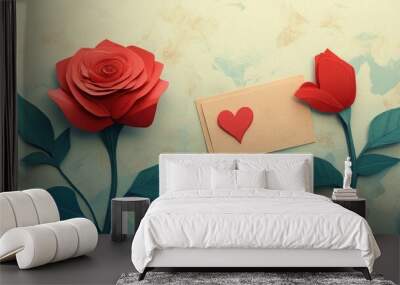 Red roses accompanied by a Valentine's card on textured brown paper, Red roses with a love note on textured paper Wall mural