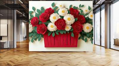 Red roses and white chrysanthemums with decorative greenery arranged in a red wooden basket against a white backdrop showcasing vibrant colors and textures Wall mural