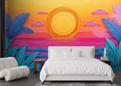 Stunning coastal sunset featuring vibrant colors over the tranquil sea, Vibrant coastal sunset over a tranquil sea Wall mural