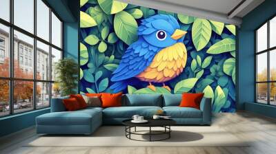 Vibrant blue songbird with a yellow breast perched amidst lush greenery in a botanical garden, Colorful blue bird with yellow chest sitting in green plants in a garden. Wall mural