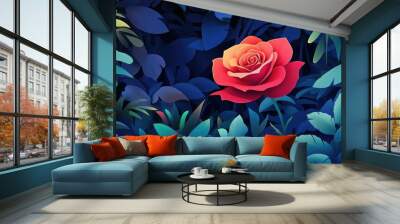 vibrant red rose blooming in lush garden, vibrant red rose blooming in a lush garden Wall mural