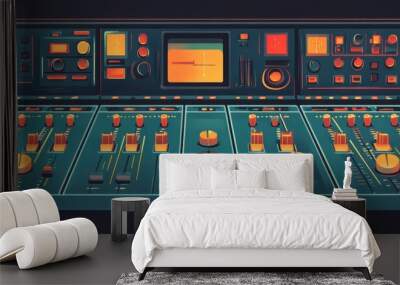 Vintage analog mixing console featuring vibrant faders control knobs and switches Wall mural