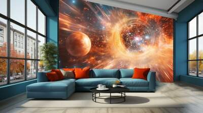 Zoom Blur Effect of Time Travel through Light Speed featuring celestial bodies galaxies and planets in a science fiction wallpaper theme Astronomy explores the universe s wonders Wall mural