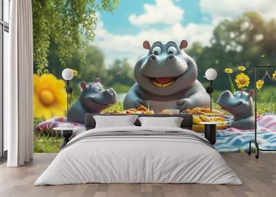 A happy hippo enjoying a picnic, smiling with friends, vibrant sunny day, colorful blankets and food spread, wideangle shot, 3D render Wall mural