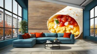 Breakfast burrito with scrambled eggs, cheese, and salsa Wall mural