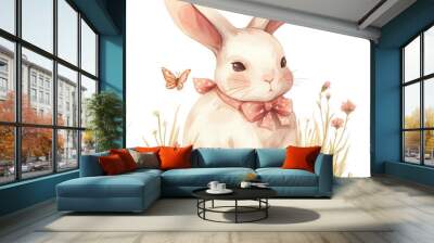 Charming illustration of a cute white rabbit with a pink bow, sitting in a grassy field with flowers and a butterfly. Wall mural