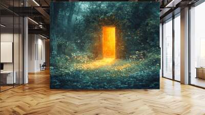 Glowing enchanted doorway hidden in a forest clearing, Watercolor style Wall mural