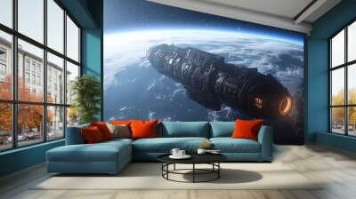 Space station, orbiting alien world, vast galaxy backdrop, 3D illustration Wall mural