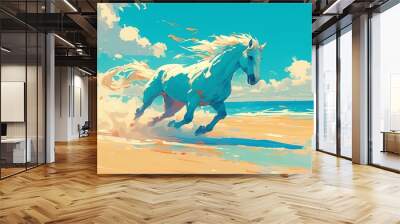 Super cute illustration of a horse galloping on the beach, vibrant colors, soft focus, detailed fur texture, happy and playful mood Wall mural