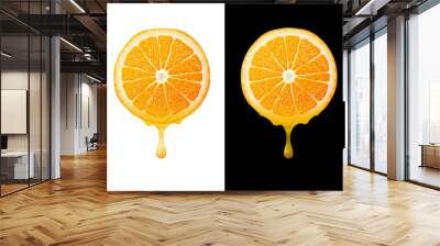 Orange slice with drops of fresh juice isolated on white and black. Orange juice flows from round cut of orange fruit. Vector image for fresh drinks, agriculture, healthy nutrition, cooking, etc Wall mural