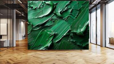 Green paint on canvas textured background. Large brush strokes of acrylic emerald paint, Generative AI  Wall mural