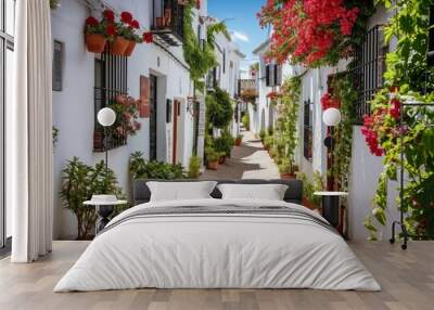 Picturesque narrow street in Spanish city old town. Typical traditional whitewashed houses with blooming plants, flowers, cobbled street in a small cozy town in, Generative AI  Wall mural