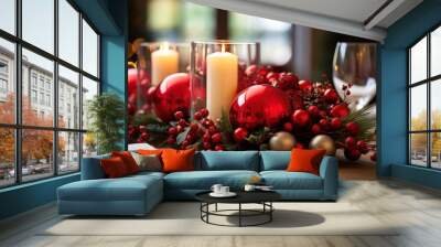 dining table cristmas adorned with candles, holly, and glittering ornaments Wall mural