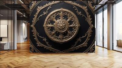 Elegant decorative medallion with detailed gold design on a black background Wall mural