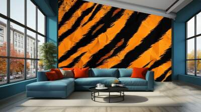  Black and Orange Tiger Stripe Pattern, A black tiger stripes pattern background with orange and black stripes for makeup design or print on fabric, a textile texture with striped Wall mural