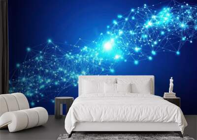 A glowing mesh of connected nodes on a deep blue background, symbolizing connectivity and digital networks. Wall mural