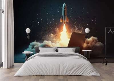 A rocket blasts off from a laptop, symbolizing innovation and technology advancement, in a dramatic and colorful composition. Wall mural