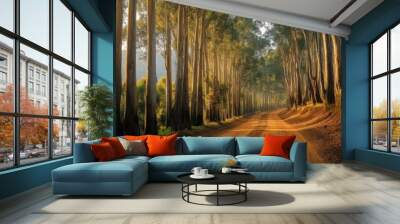 A serene dirt road through a tall forest with sunlight filtering through the trees. Wall mural