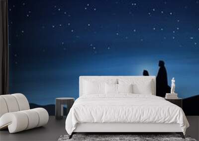 A silhouette of two figures traveling on a starry night, guided by a bright star in the sky. Wall mural