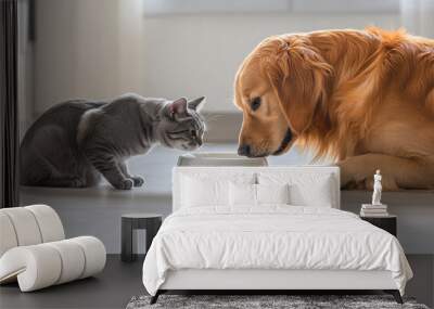 cat and dog are curiously looking at food bowl together, showcasing their friendship and shared interest in mealtime. This heartwarming scene captures bond between different pets Wall mural