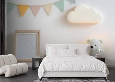 cozy childrens room featuring soft teddy bear, decorative cloud light, and playful wall art. pastel bunting adds cheerful touch to serene atmosphere Wall mural