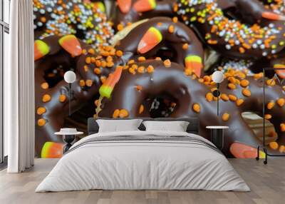 Delicious chocolate covered pretzels topped with colorful sprinkles and candy corn. Wall mural