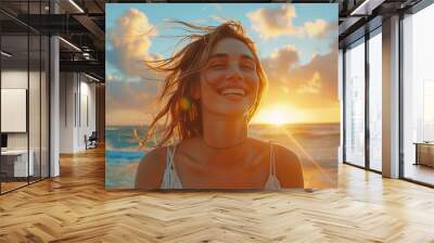 happy friend playing on beach at the sunrise time Wall mural