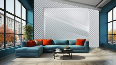 Glass plate on transparent background. Acrylic and glass texture with glares and light. Realistic transparent glass window in rectangle frame. Wall mural