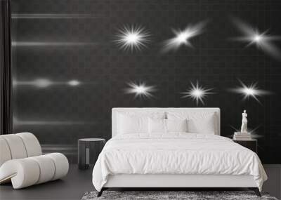 Glow isolated white transparent light effect set, lens flare, explosion, glitter, line, sun flash, spark and stars. Abstract special effect element design. Wall mural