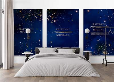 Magic night dark blue sky with sparkling stars vector wedding invitation. Andromeda galaxy. Gold glitter powder splash background. Golden scattered dust. Wall mural