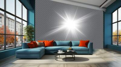 White glowing light explodes on a transparent background. Vector illustration of light decoration effect with ray. Bright Star. Wall mural