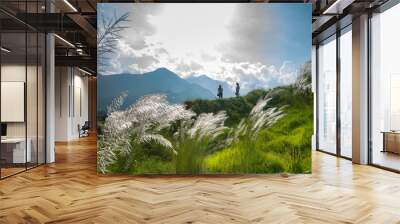 Wild sugarcane flower and two lady on hill Wall mural